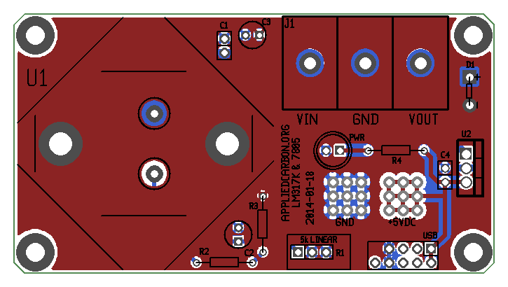 Gerber file view of LM317K carrier printed circuit board.