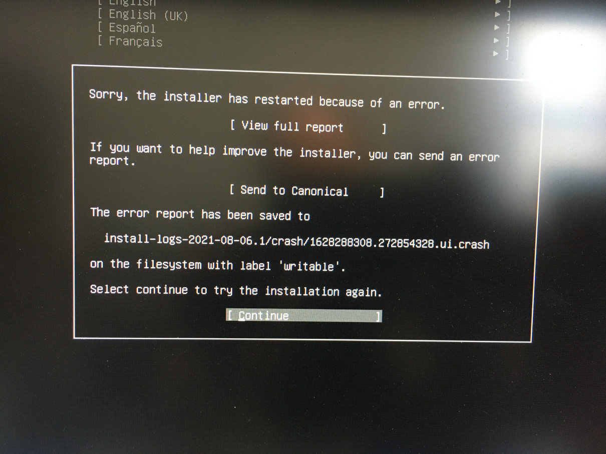 Photo of Ubuntu Server installer failure message.
