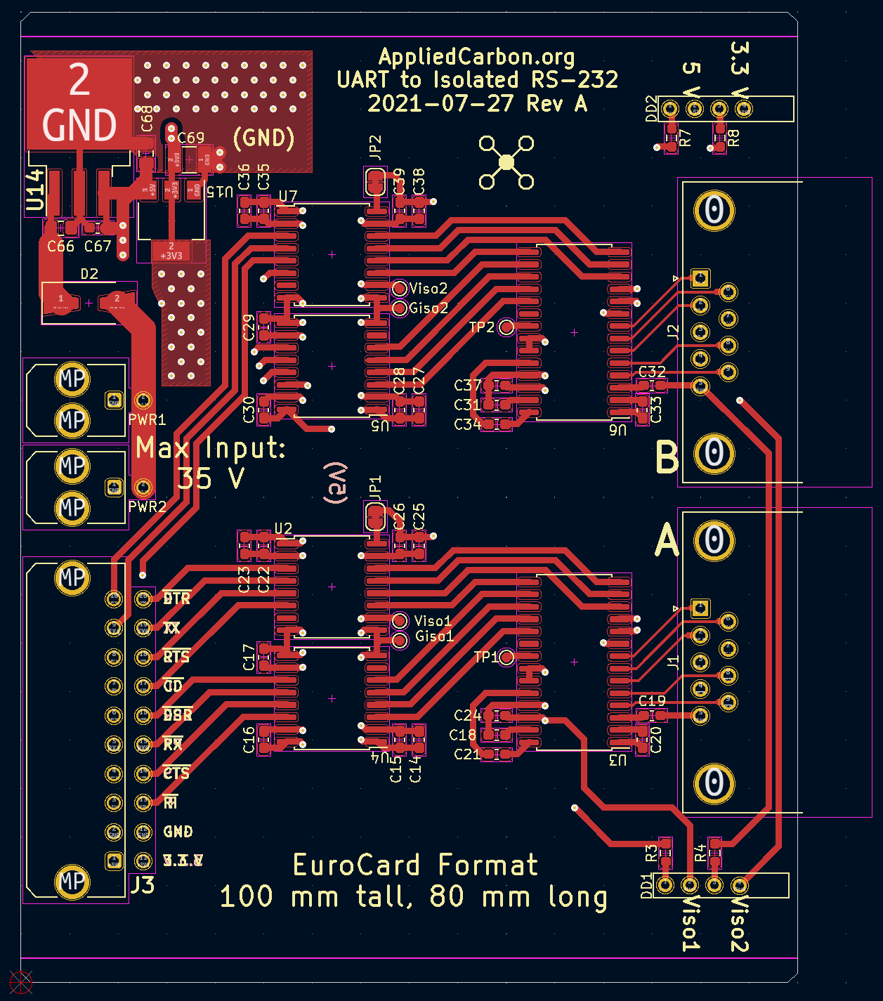 Top view of Serial Card, only the top copper layer is shown.