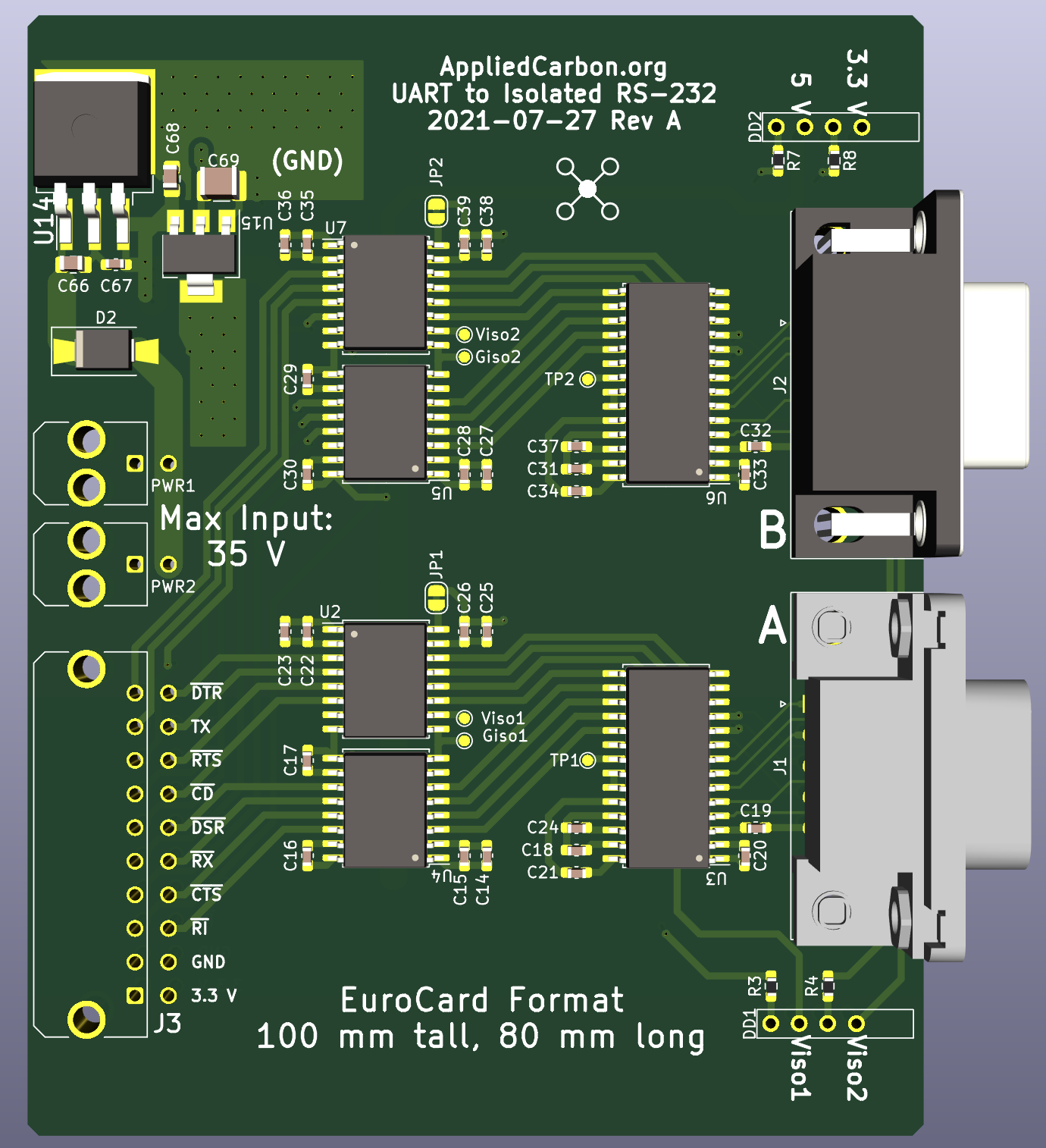 Top view of Serial Card, 3D rendering to show part layout.